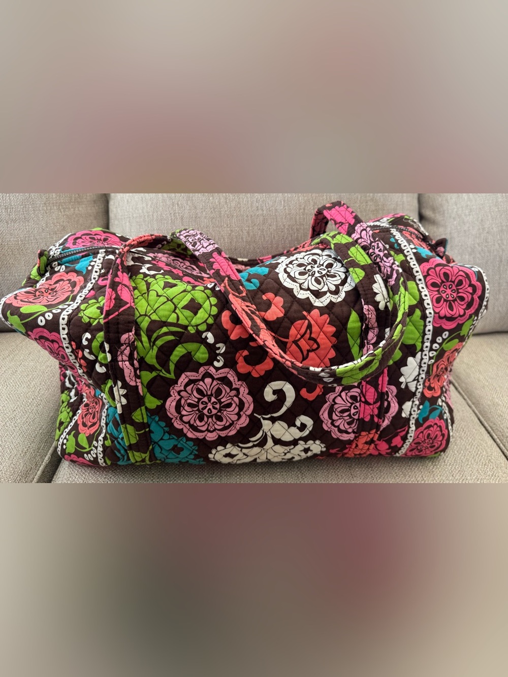 Vera Bradley Brown Floral Quilted Tote - Pink & Green Accents